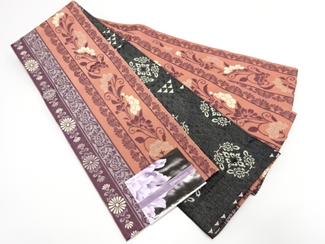 新品　京紫織　縞に草花リバーシブル長尺半幅帯（日本製）（440センチ）